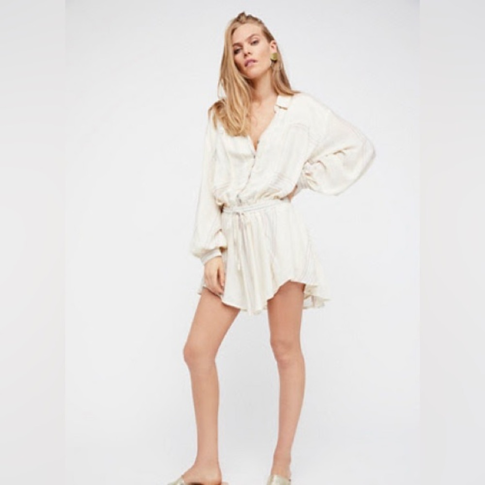 Free People Cream and Striped Shirt Dress Size S/P